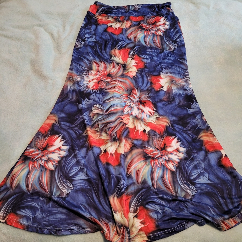 Stretch Blue/Orange Floral Maxi Skirt, size L/XL